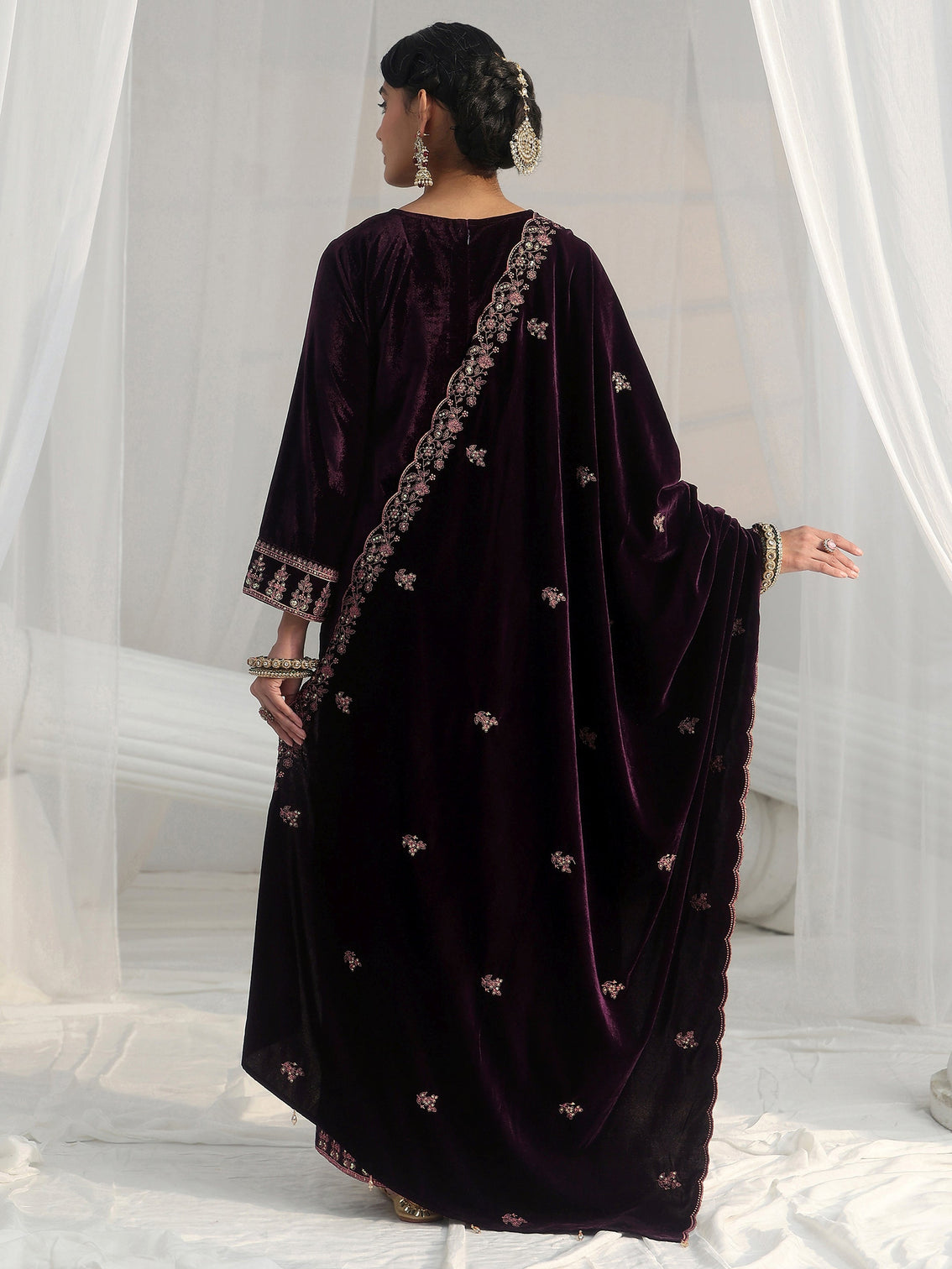 Mameraa Deep Plum Purple Floral Embellished Velvet Straight Suit Set