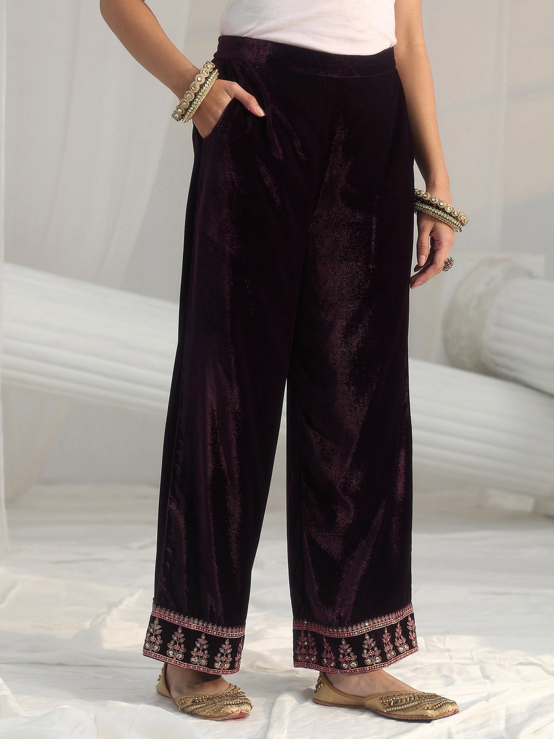 Mameraa Deep Plum Purple Floral Embellished Velvet Straight Suit Set