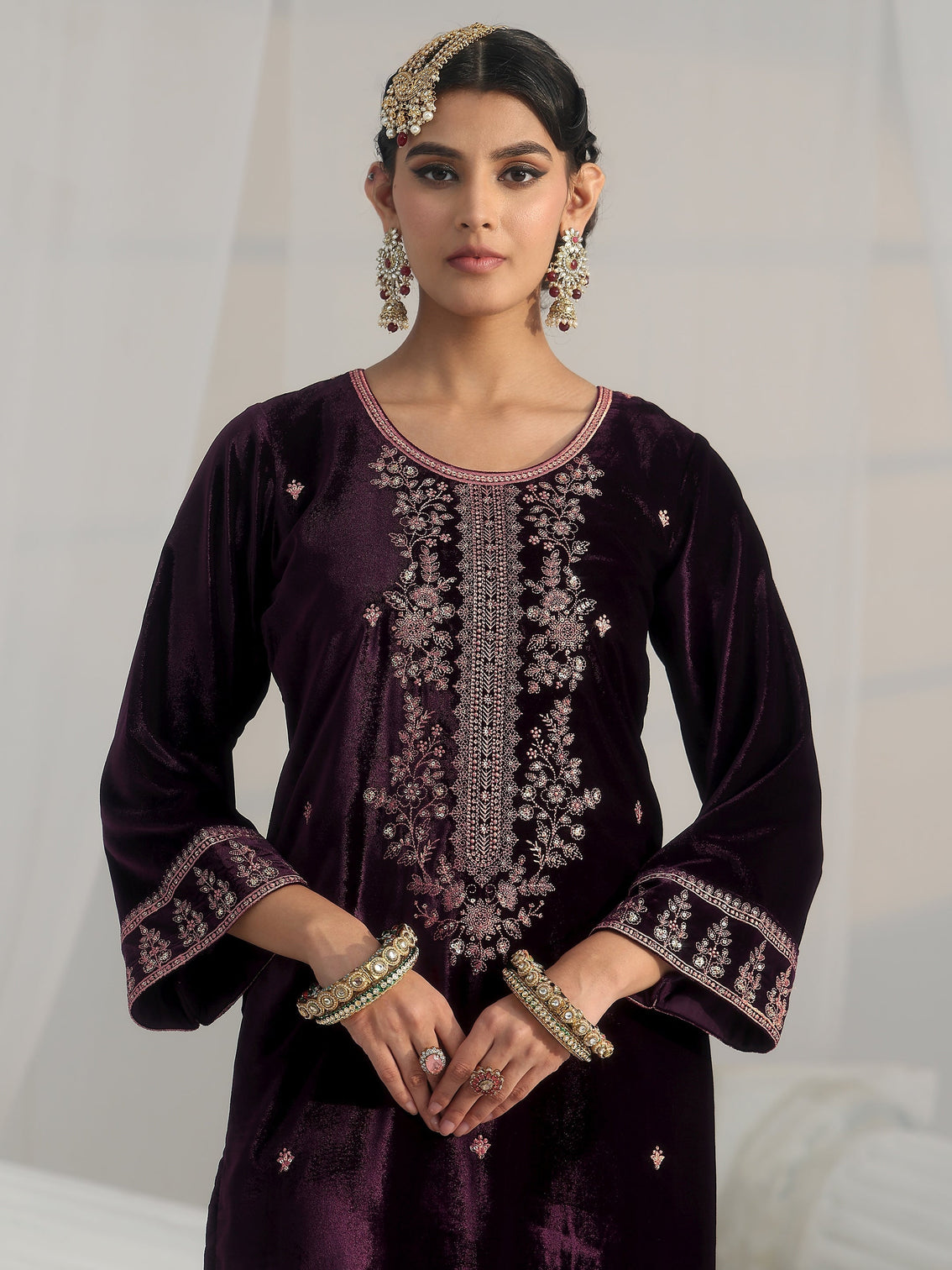 Mameraa Deep Plum Purple Floral Embellished Velvet Straight Suit Set