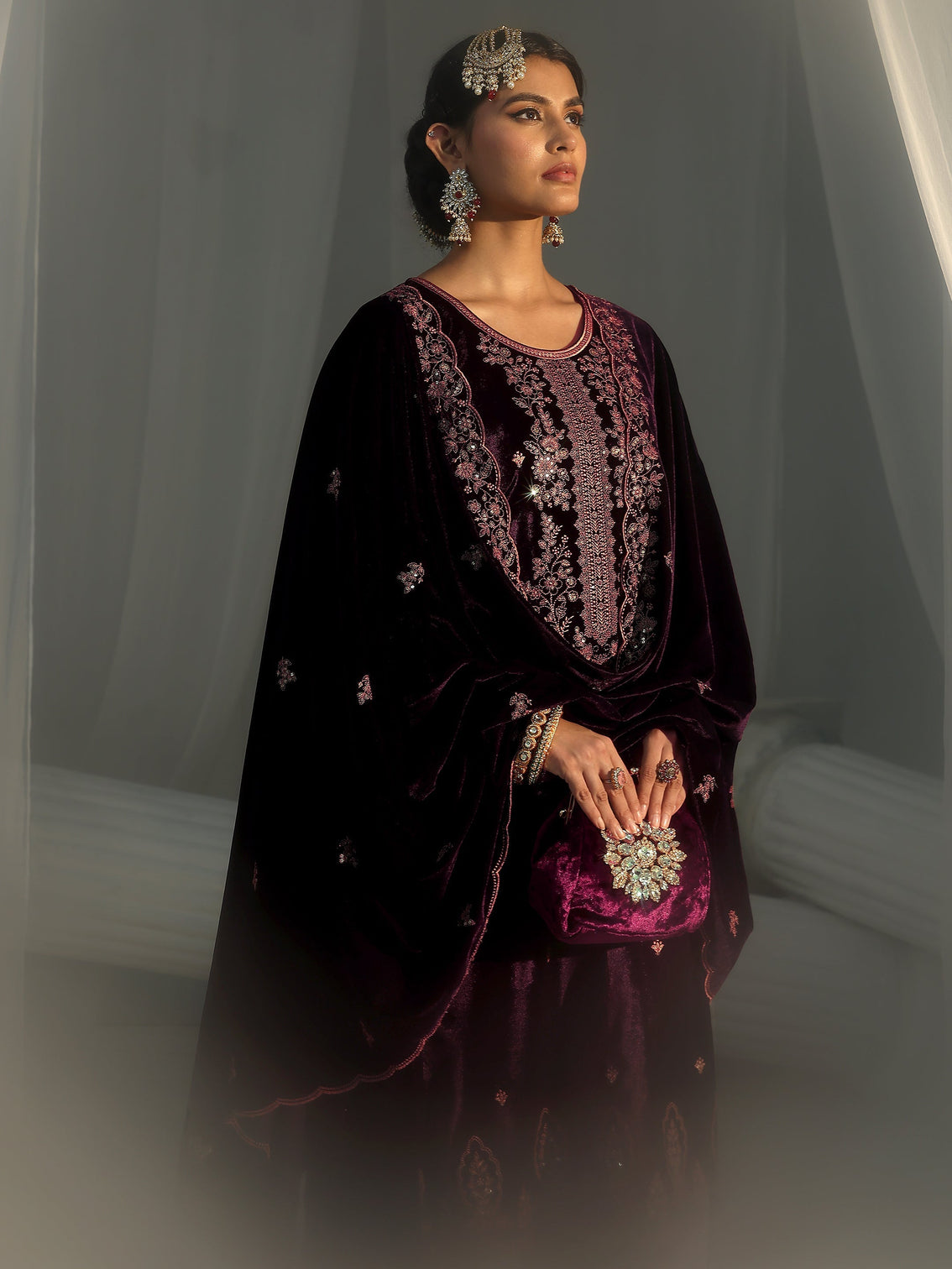 Mameraa Deep Plum Purple Floral Embellished Velvet Straight Suit Set