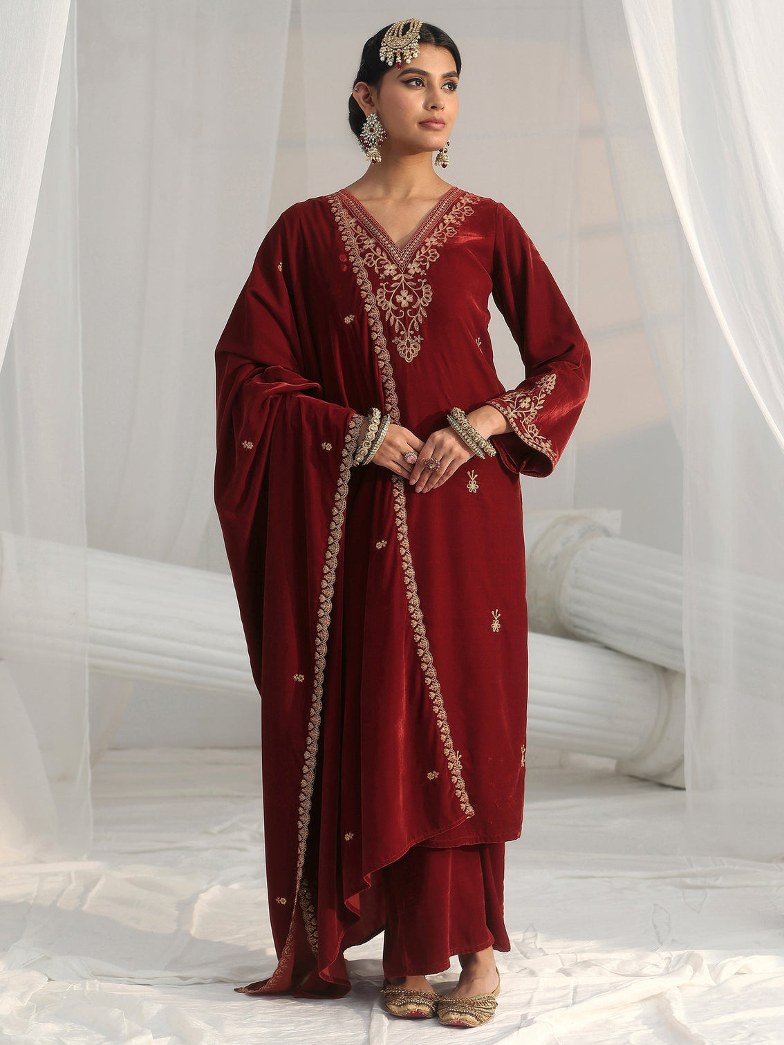 Mameraa Rust Brown Foral Embroidered Velvet Straight Suit Set
