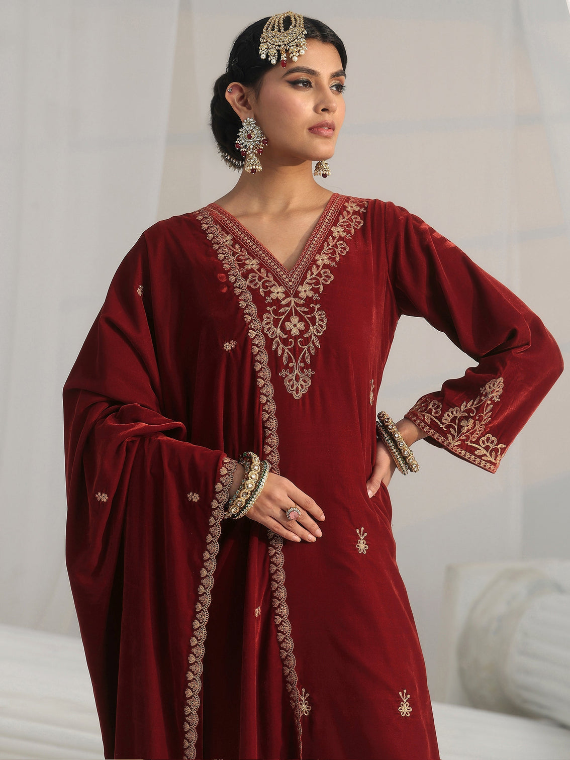 Mameraa Rust Brown Foral Embroidered Velvet Straight Suit Set