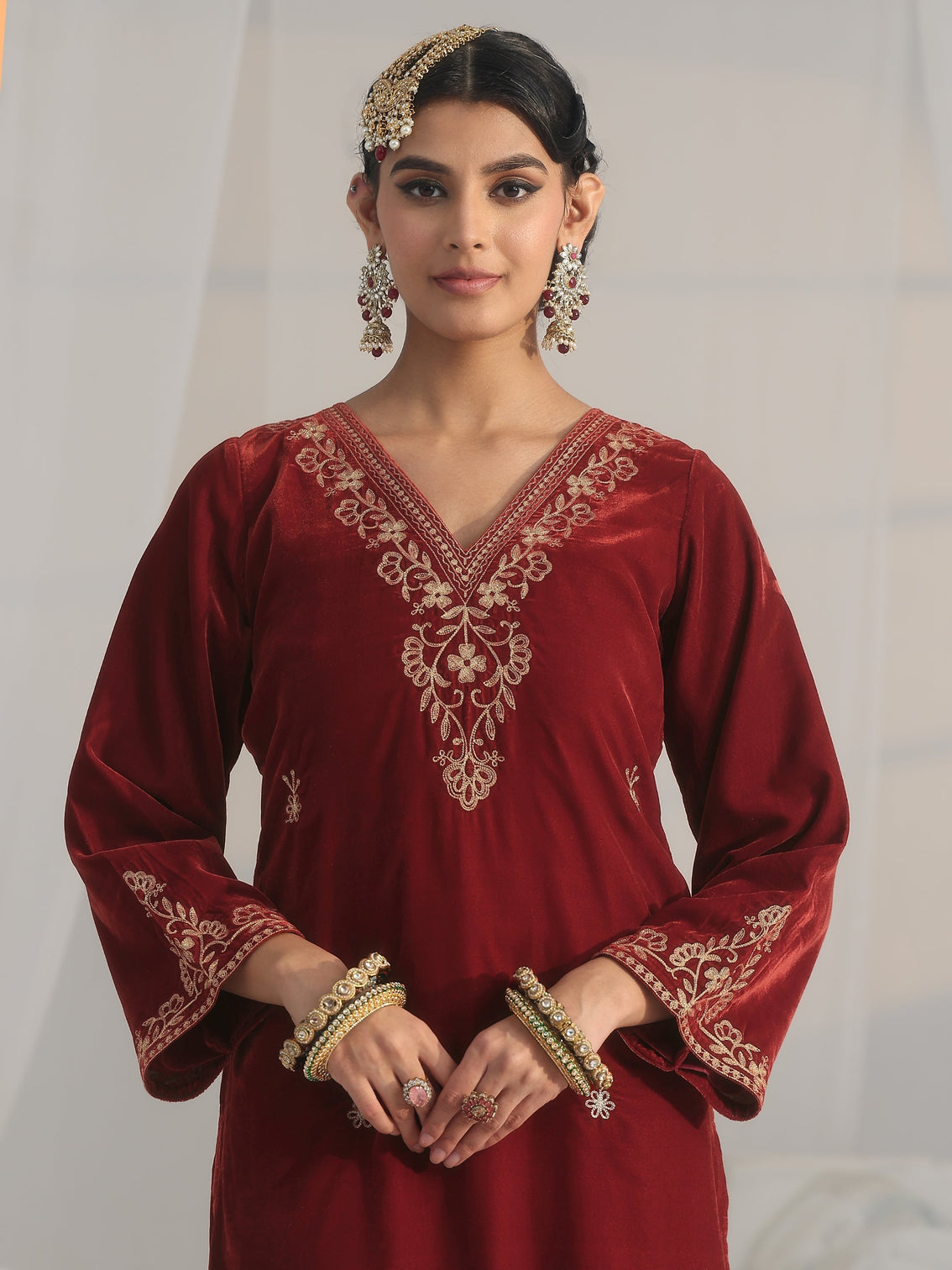 Mameraa Rust Brown Foral Embroidered Velvet Straight Suit Set