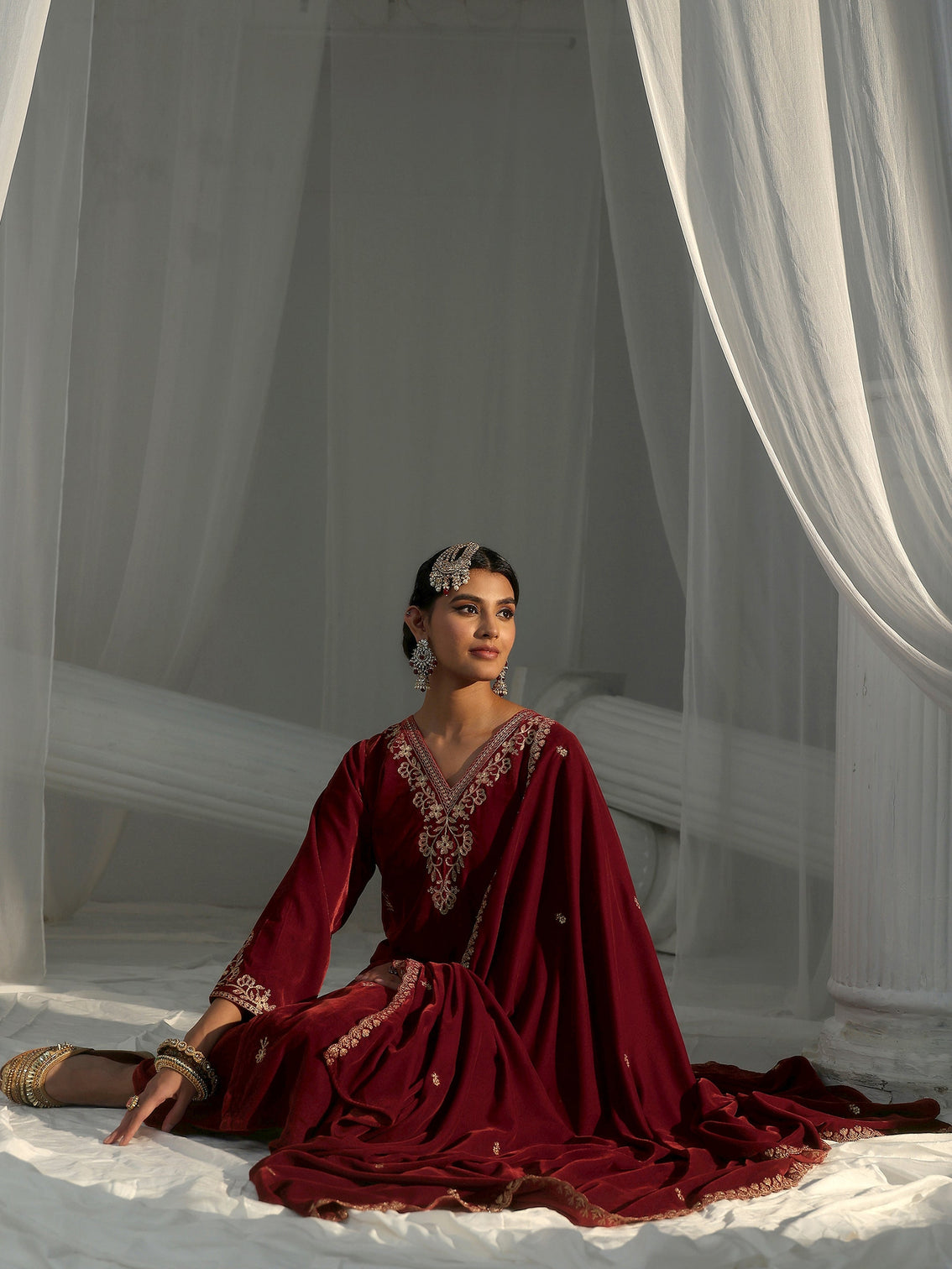 Mameraa Rust Brown Foral Embroidered Velvet Straight Suit Set