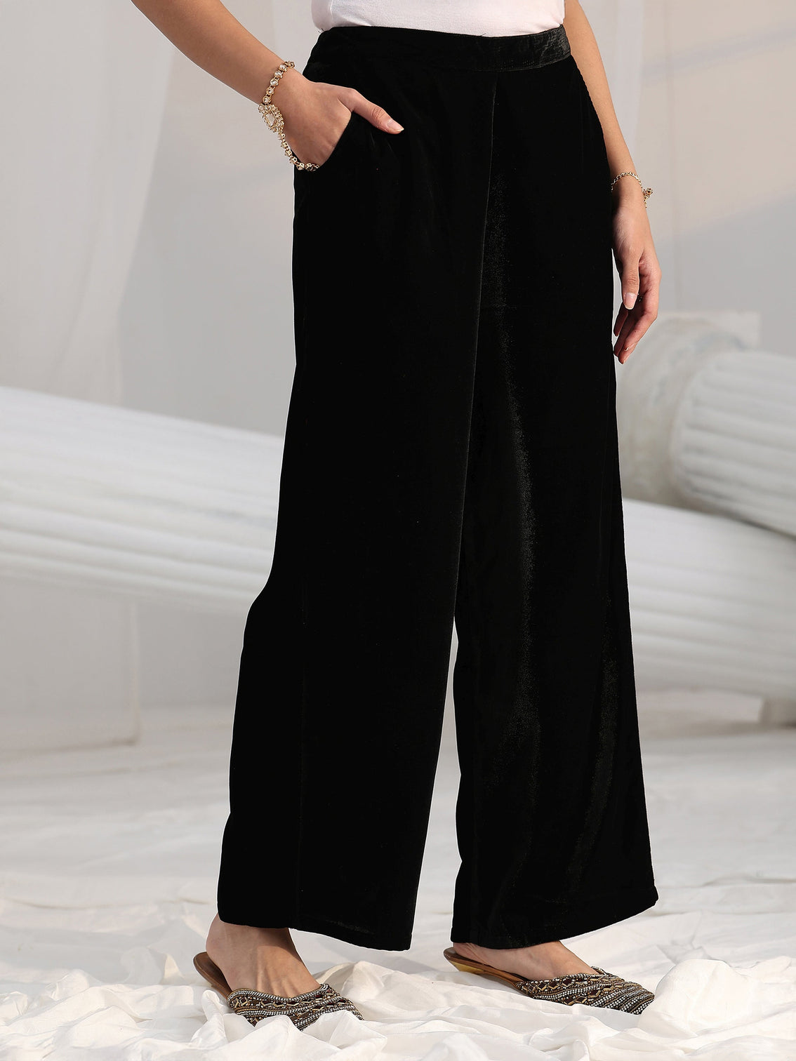 Mameraa Black Embroidered Velvet Straight Suit Set