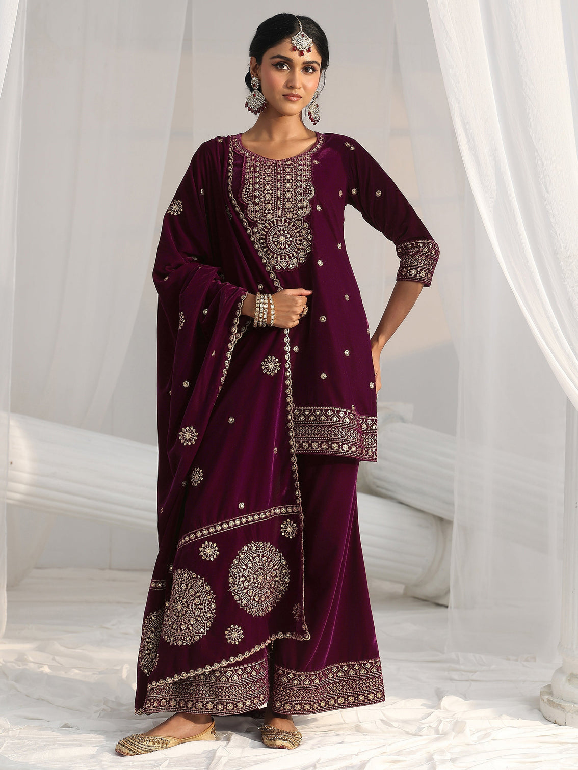 Mameraa Maroon Embellished Velvet Straight Suit Set