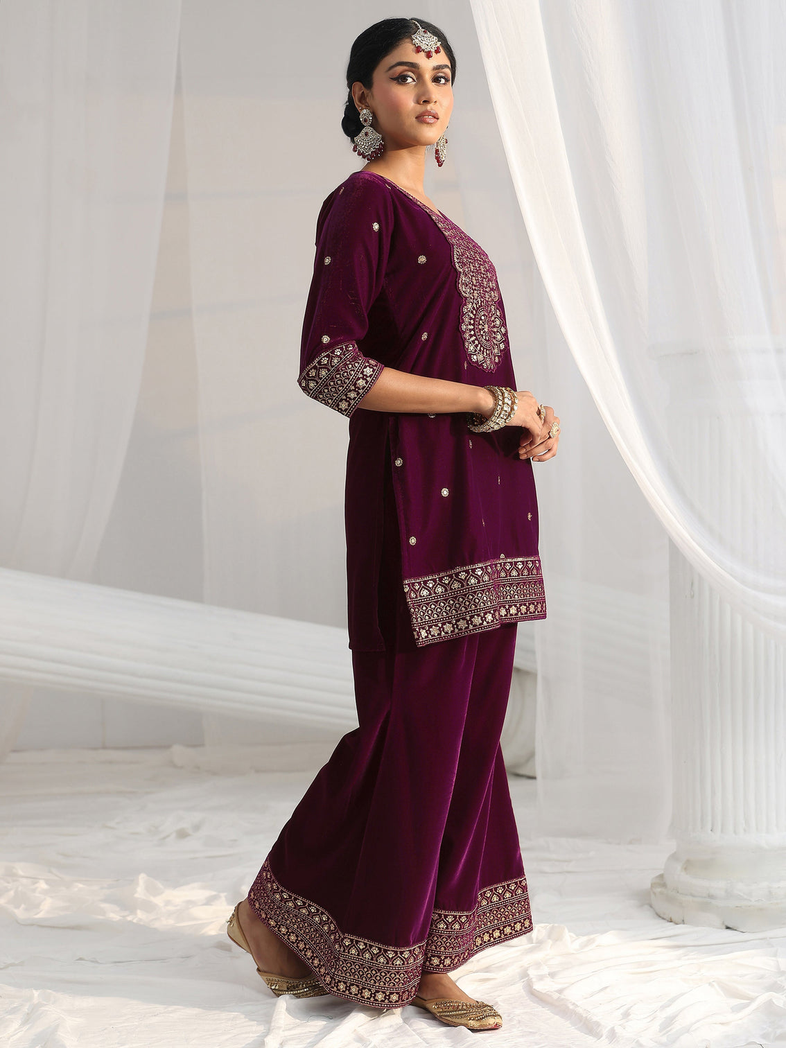 Mameraa Maroon Embellished Velvet Straight Suit Set