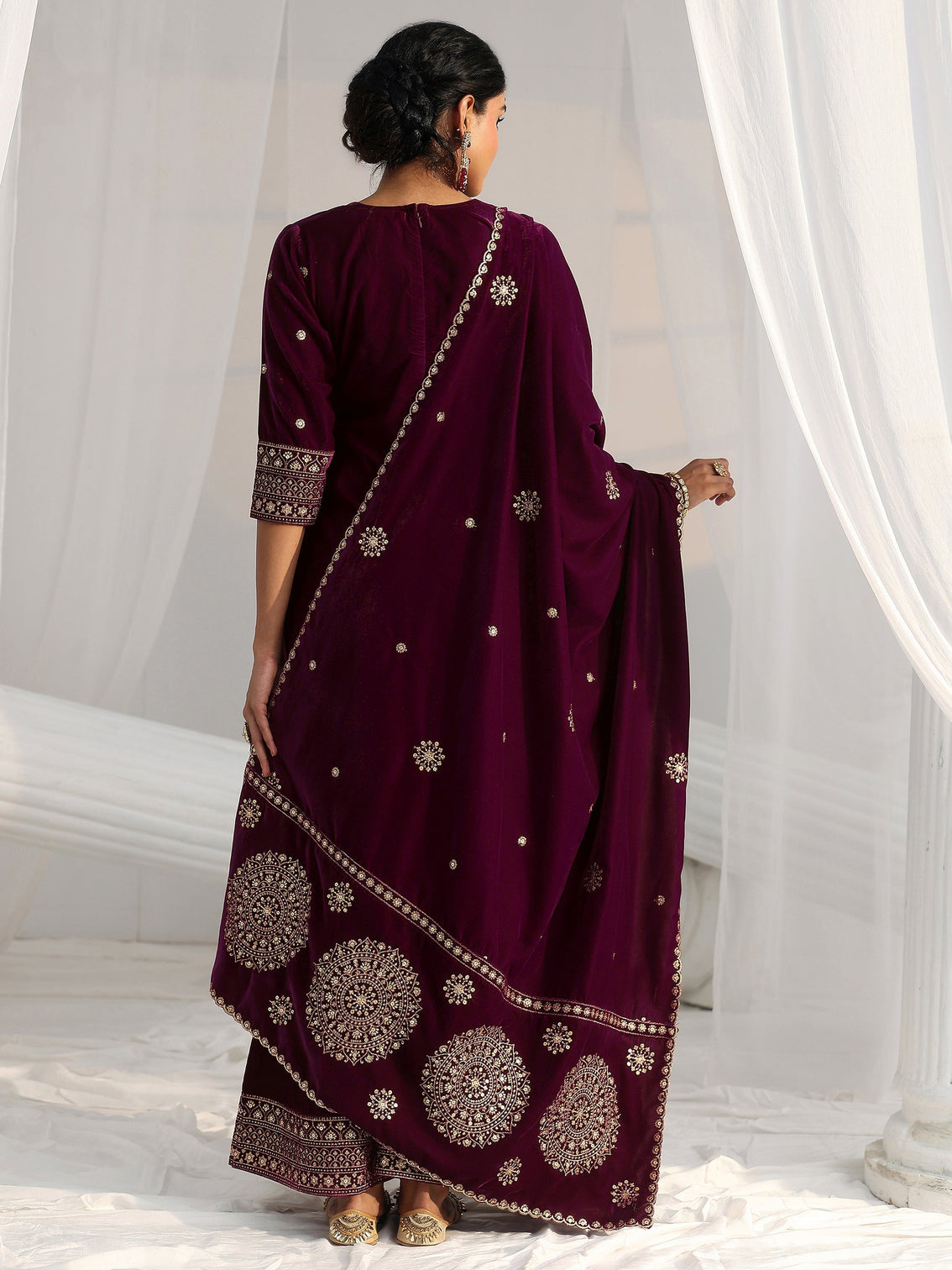 Mameraa Maroon Embellished Velvet Straight Suit Set