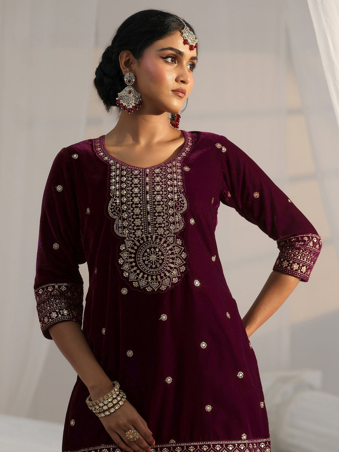 Mameraa Maroon Embellished Velvet Straight Suit Set