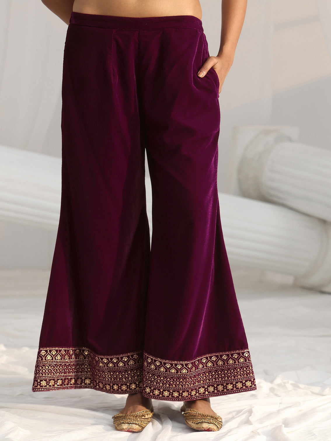 Mameraa Maroon Embellished Velvet Straight Suit Set