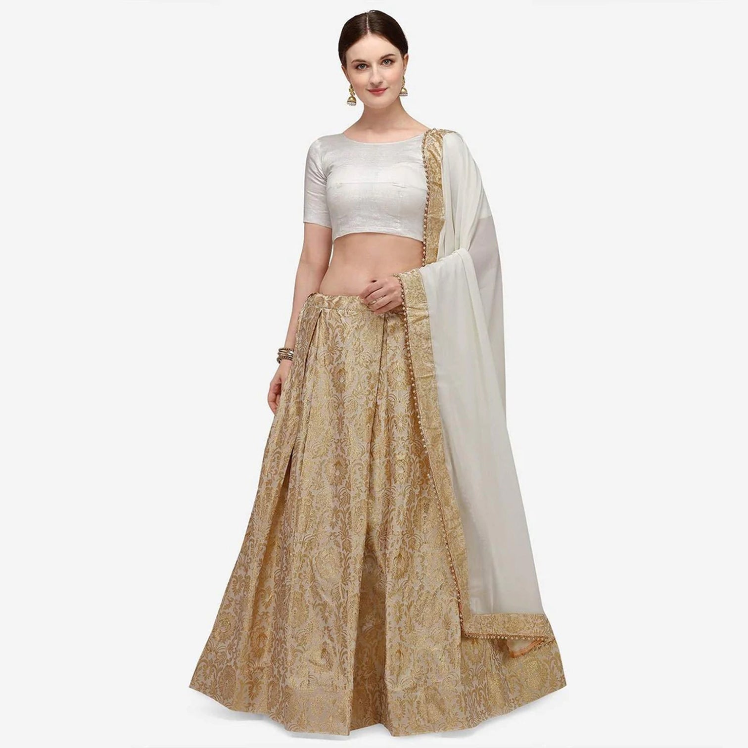 Golden Banarasi Lehenga with White Blouse