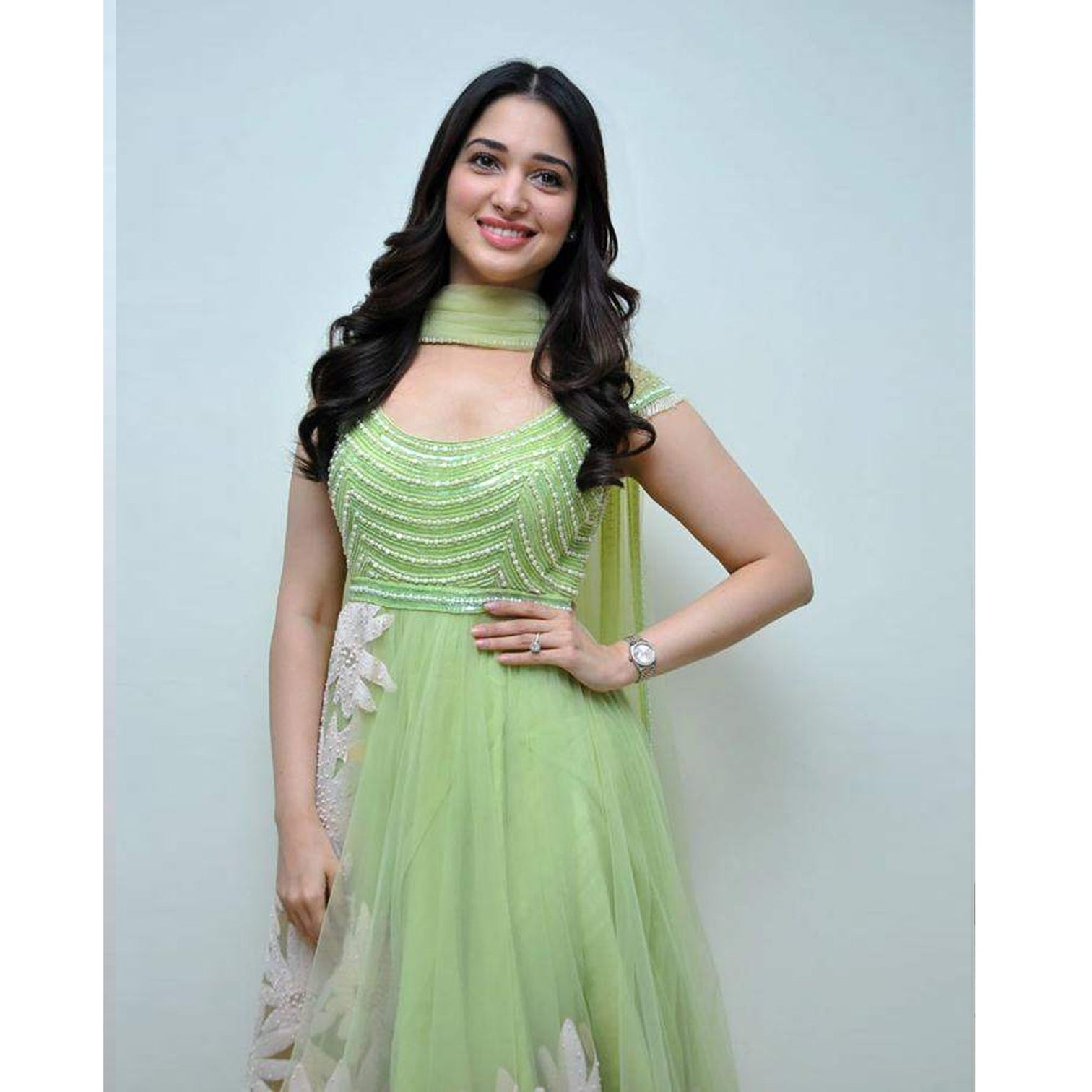 Gorgeous Light Green Thread Embroidered Ready-Made Pleated Gown