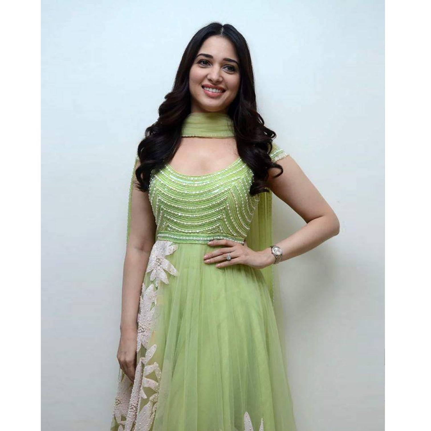 Gorgeous Light Green Thread Embroidered Ready-Made Pleated Gown