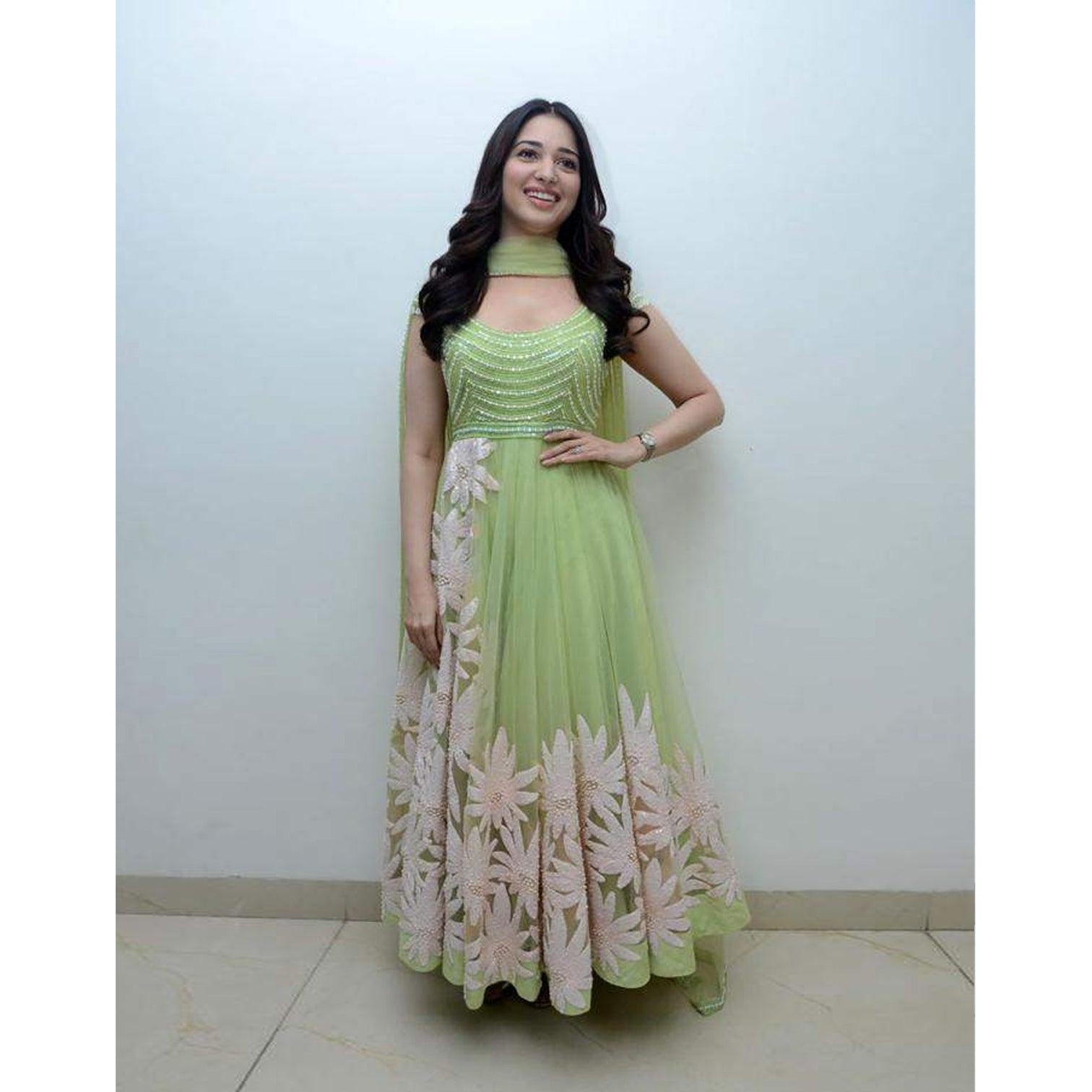 Gorgeous Light Green Thread Embroidered Ready-Made Pleated Gown