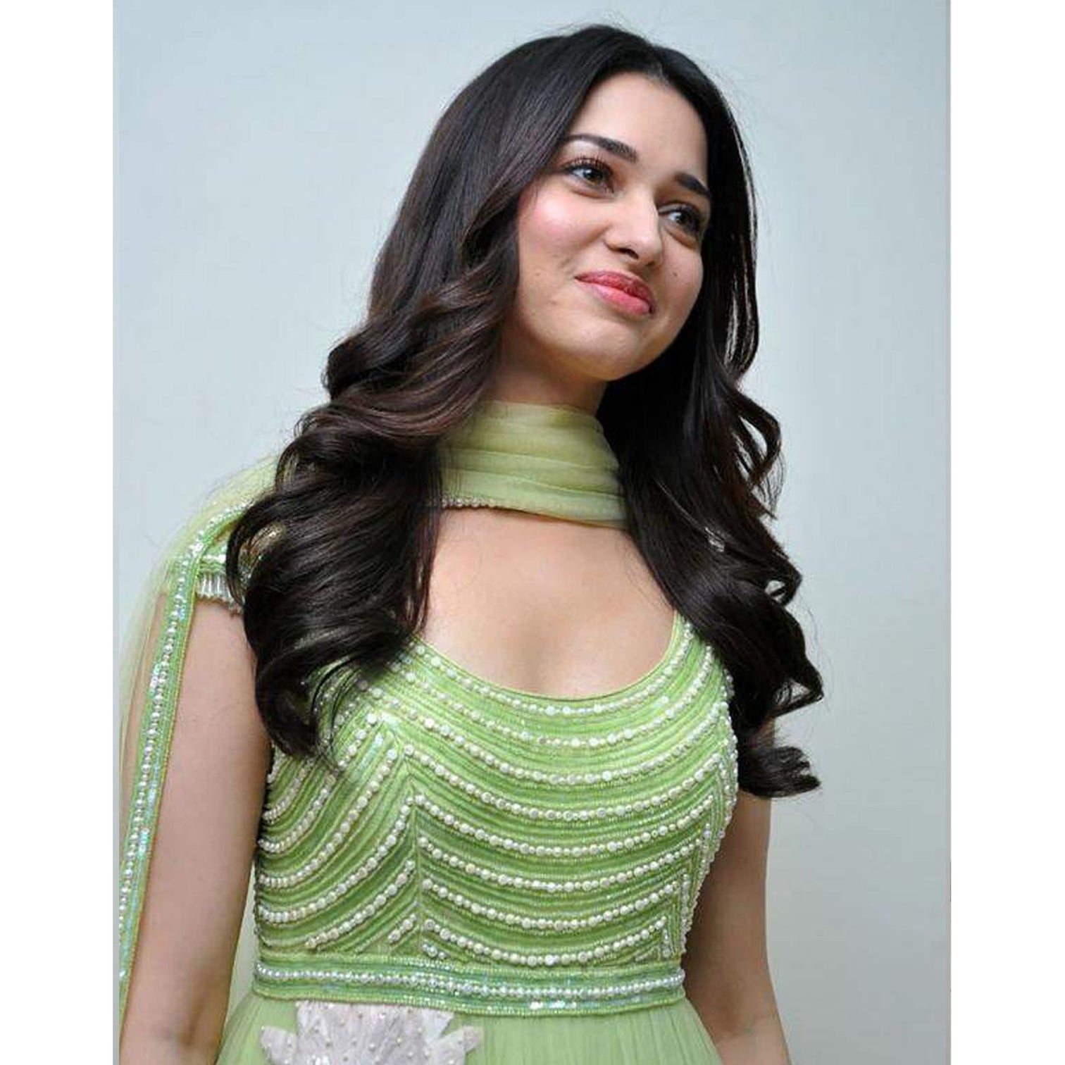 Gorgeous Light Green Thread Embroidered Ready-Made Pleated Gown