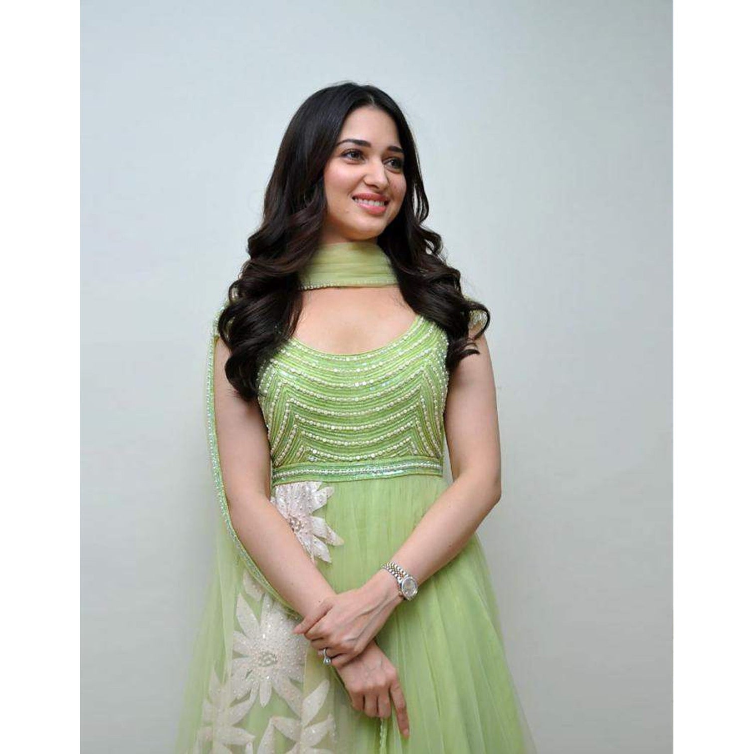 Gorgeous Light Green Thread Embroidered Ready-Made Pleated Gown