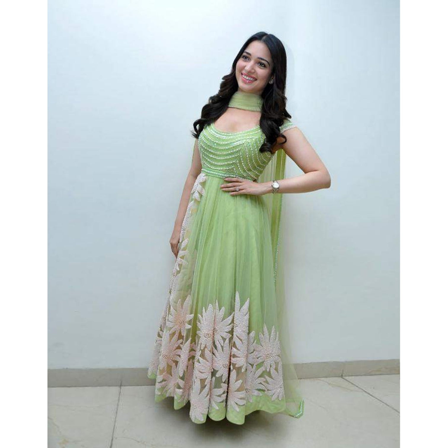Gorgeous Light Green Thread Embroidered Ready-Made Pleated Gown
