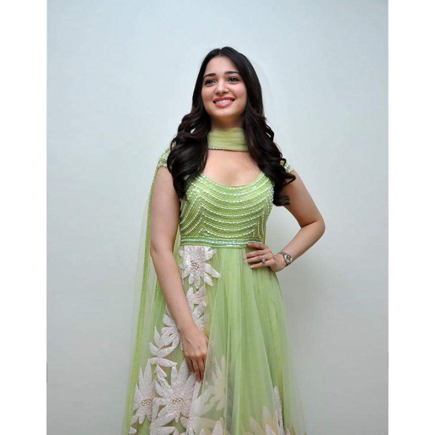 Gorgeous Light Green Thread Embroidered Ready-Made Pleated Gown