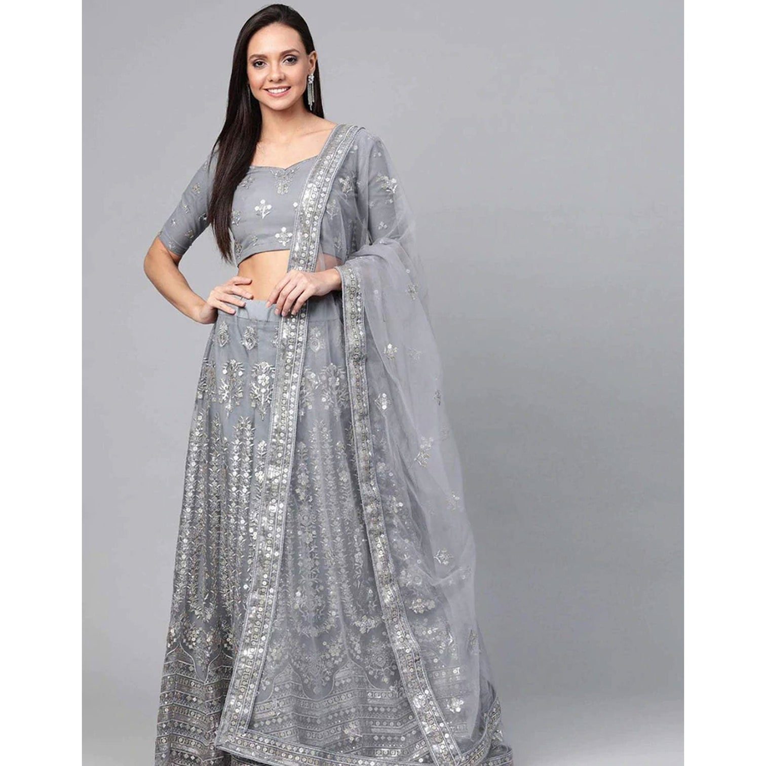 Regent Grey Thread, Sequence and Zari Work Lehenga choli