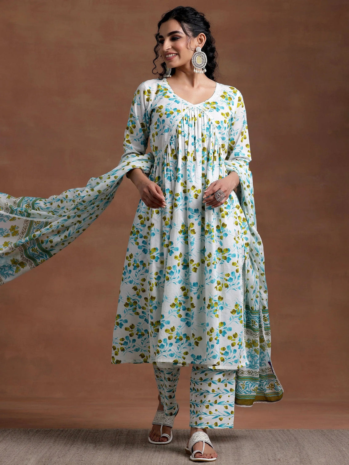Mameraa Off White Printed Cotton A-Line Kurta With Palazzos & Dupatta
