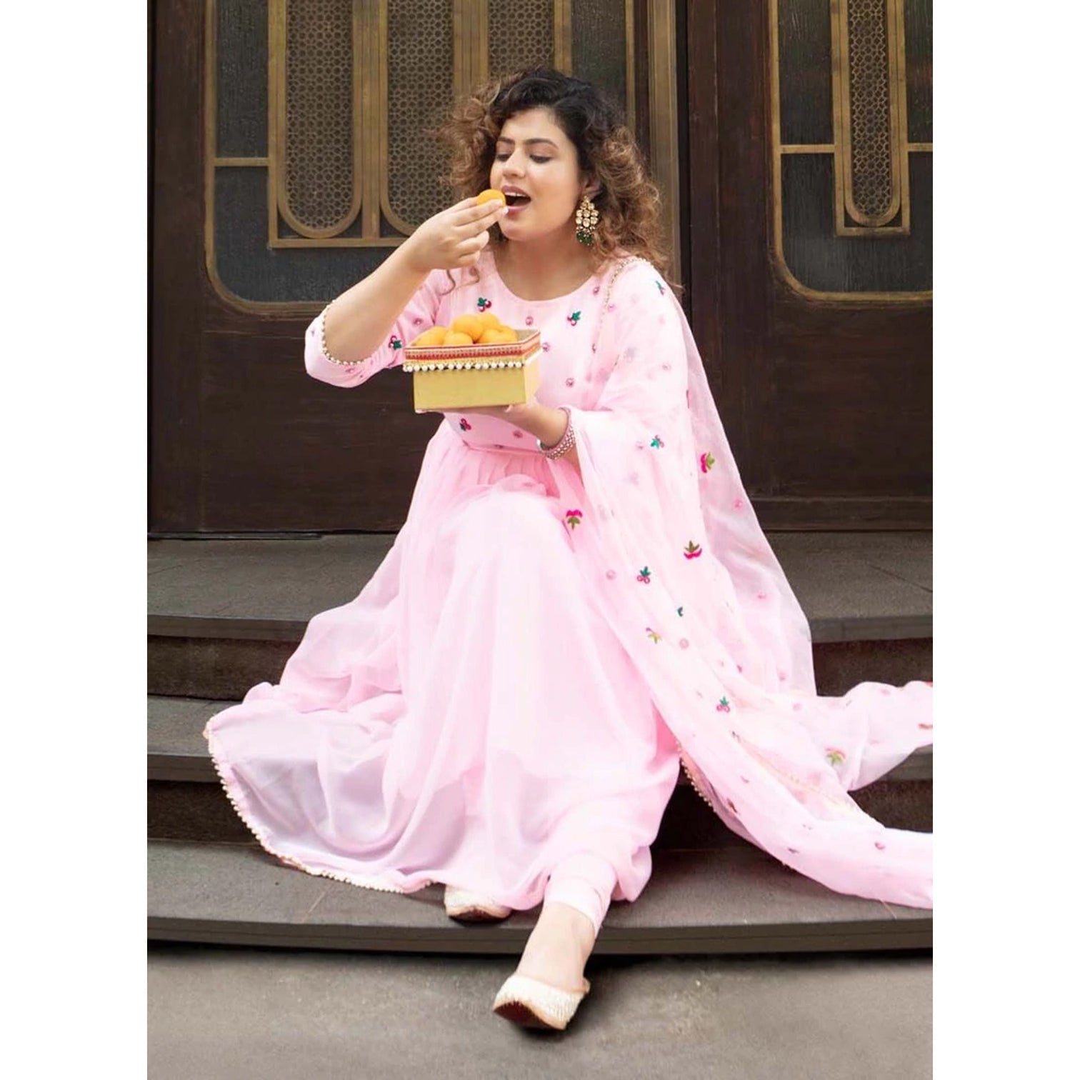 Gorgeous Looking Pink Georgette Suit with Printed Dupatta