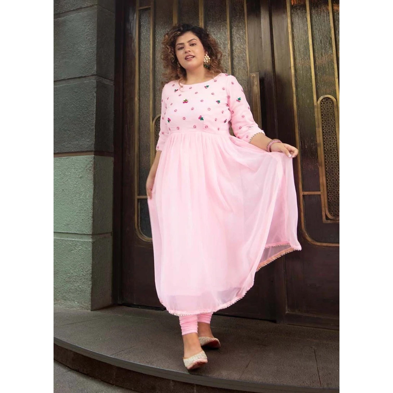 Gorgeous Looking Pink Georgette Suit with Printed Dupatta