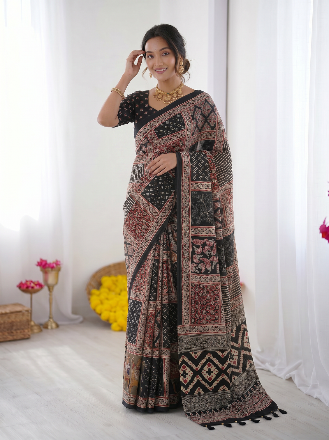 Black modal silk saree with tribal geometric print designer heritage pallu saree for festive wear