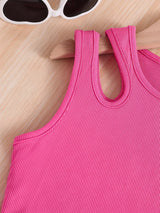 Girls Pink Ribbed Sleeveless Crop Top & Tropical Leaf Print Pants Set