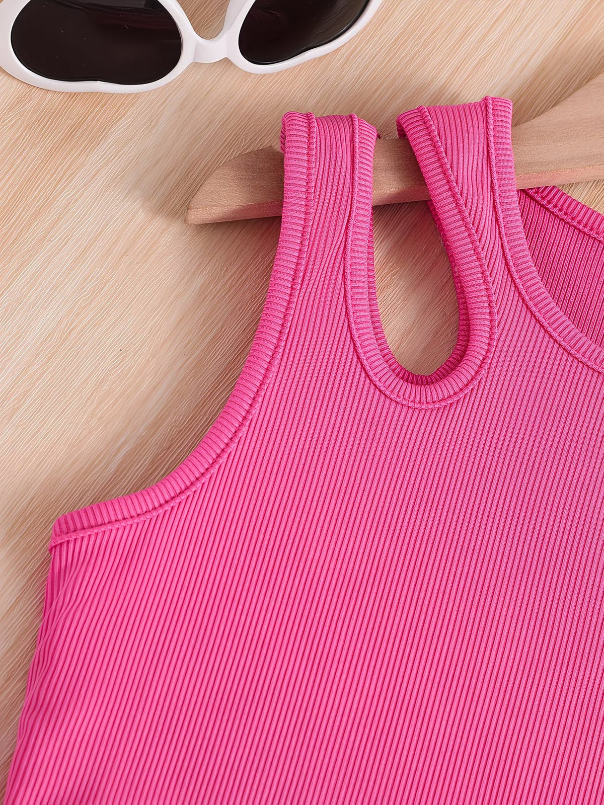 Girls Pink Ribbed Sleeveless Crop Top & Tropical Leaf Print Pants Set