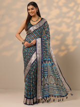 Libas Blue Printed Banarasi Georgette Saree With Unstitched Blouse Piece