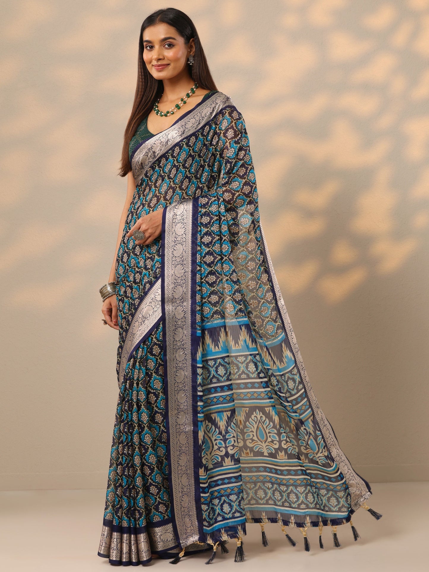 Libas Blue Printed Banarasi Georgette Saree With Unstitched Blouse Piece