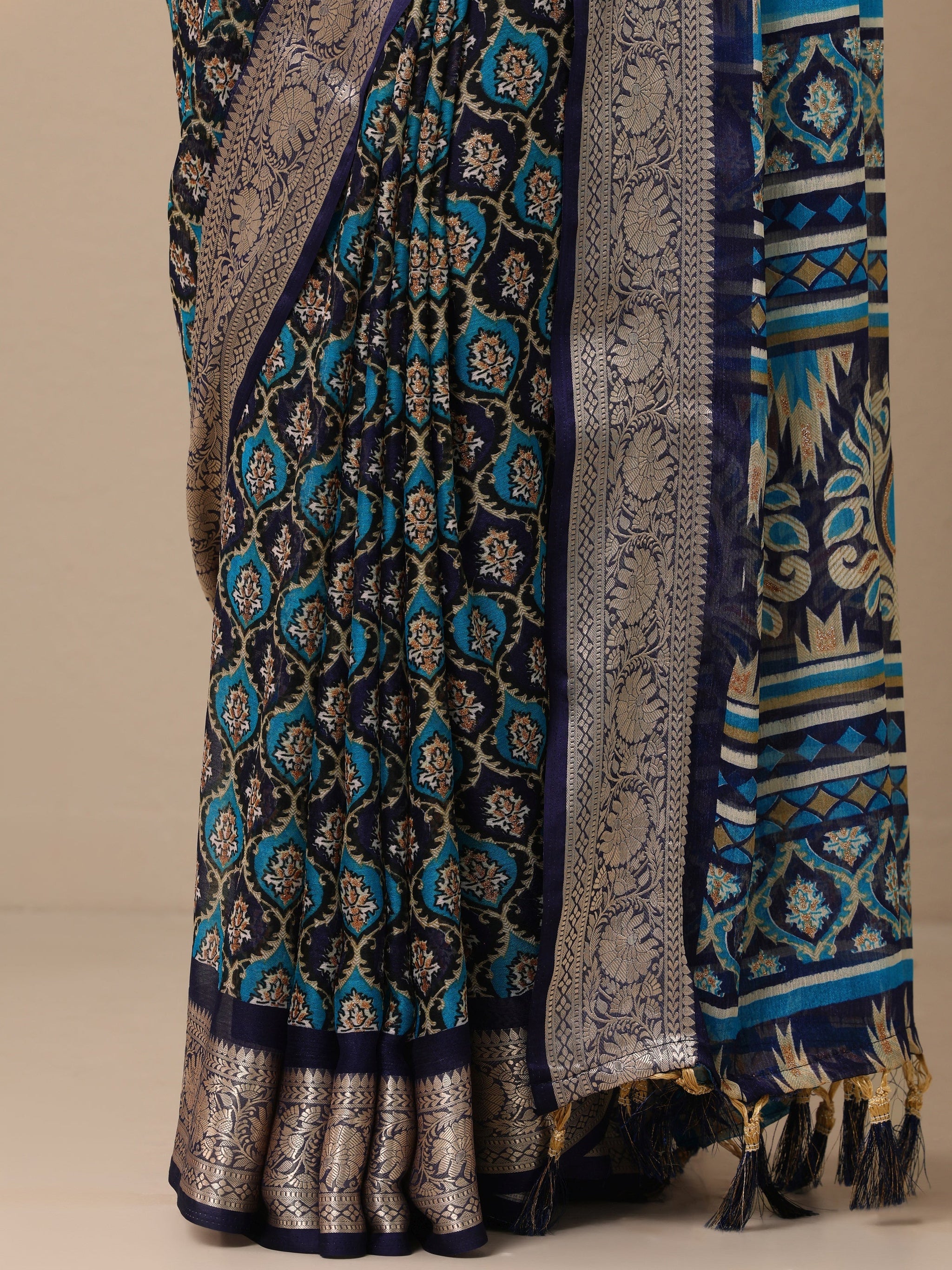Libas Blue Printed Banarasi Georgette Saree With Unstitched Blouse Piece