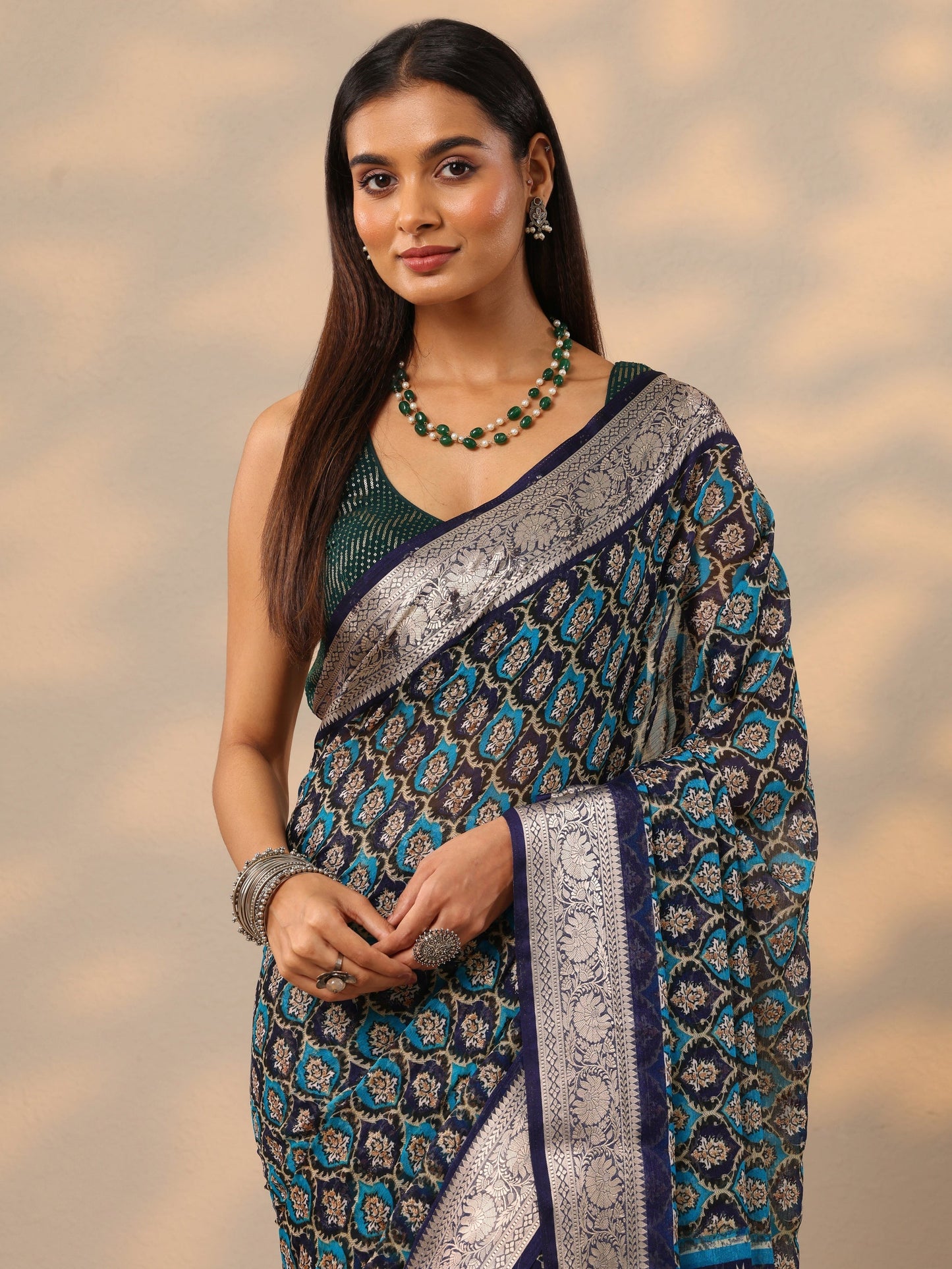Libas Blue Printed Banarasi Georgette Saree With Unstitched Blouse Piece