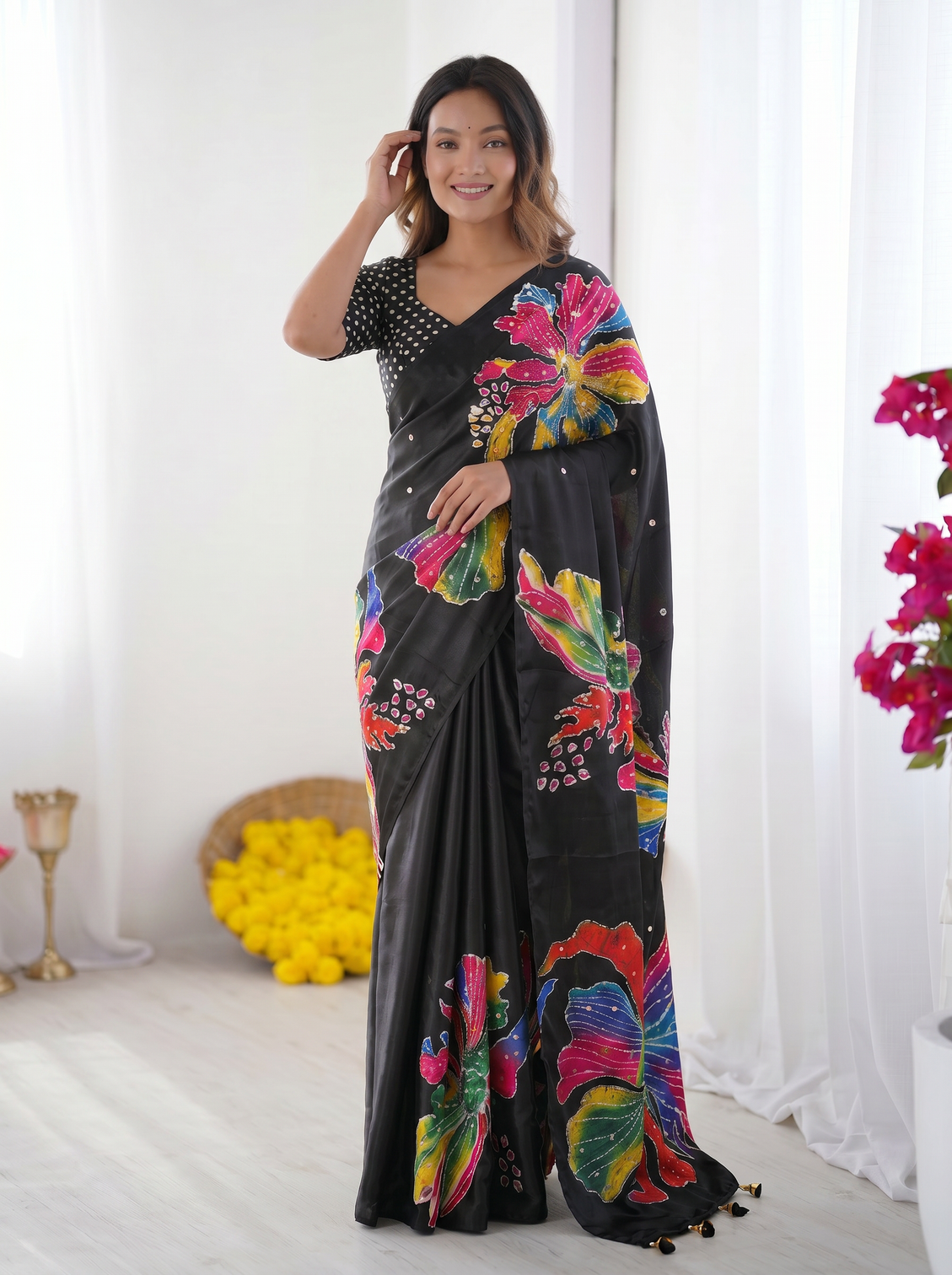 Black modal silk saree with multicolor floral art print handcrafted inspired design designer tassel pallu mameraa