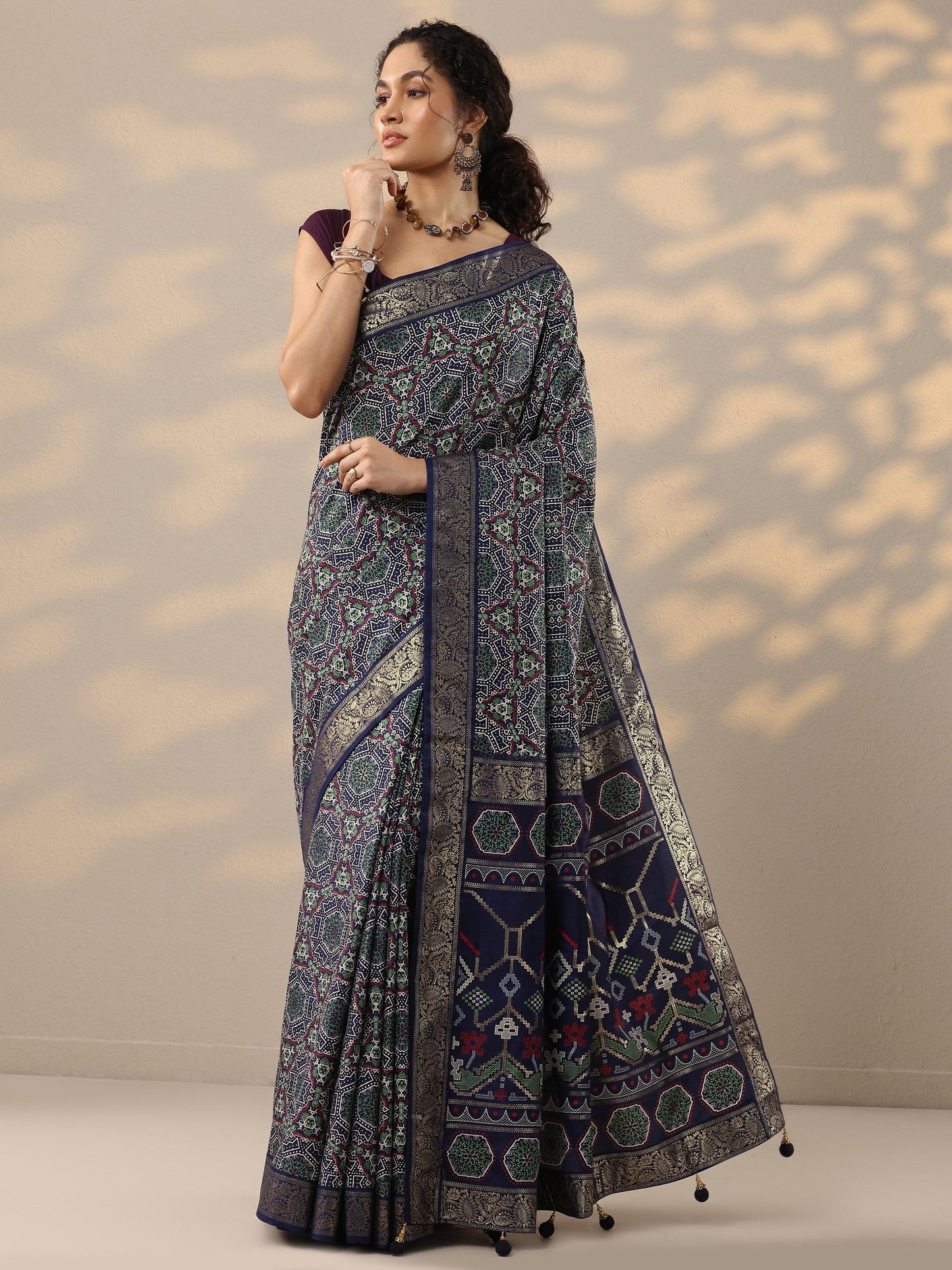Libas Navy Blue Woven Design Silk Blend Saree With Unstitched Blouse Piece