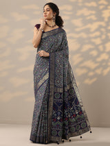Libas Navy Blue Woven Design Silk Blend Saree With Unstitched Blouse Piece