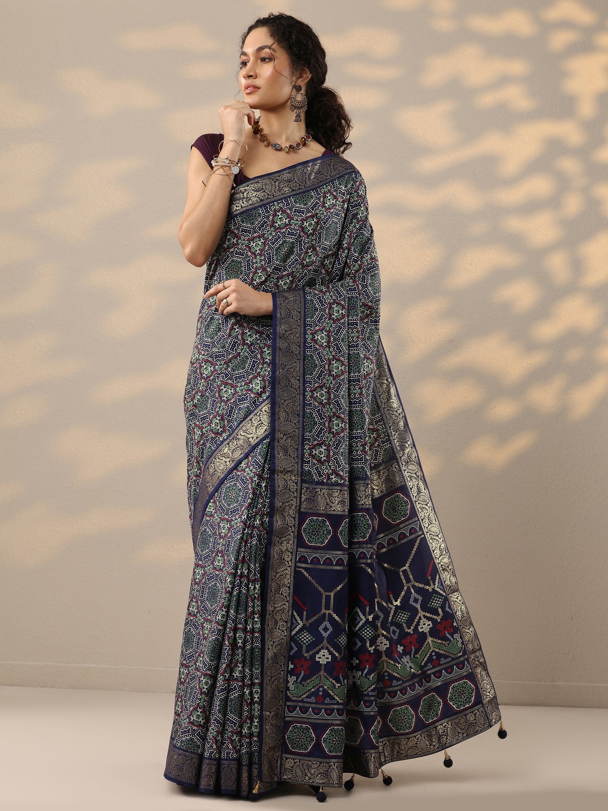 Libas Navy Blue Woven Design Silk Blend Saree With Unstitched Blouse Piece