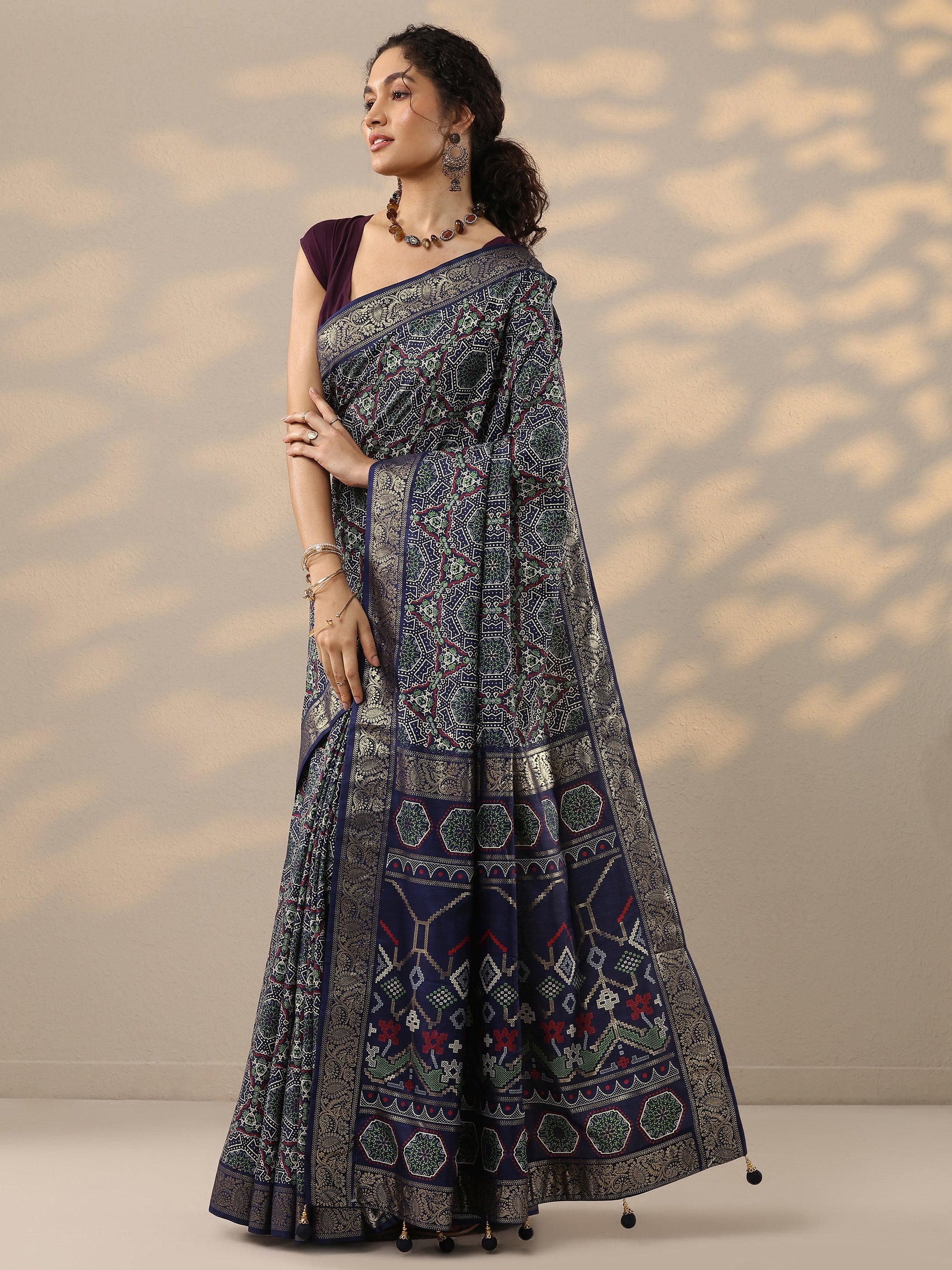 Libas Navy Blue Woven Design Silk Blend Saree With Unstitched Blouse Piece