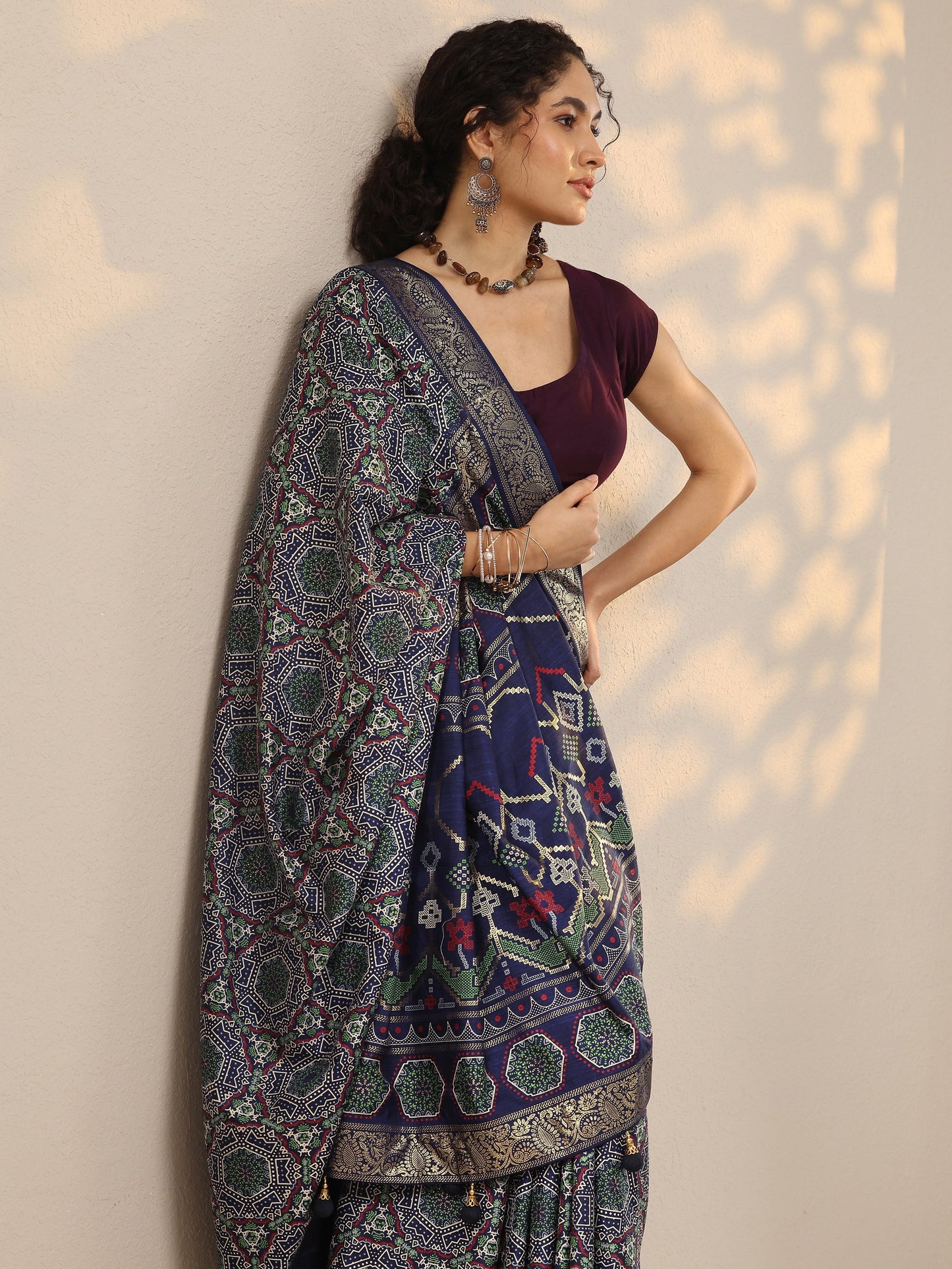 Libas Navy Blue Woven Design Silk Blend Saree With Unstitched Blouse Piece