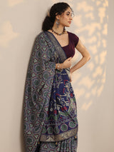 Libas Navy Blue Woven Design Silk Blend Saree With Unstitched Blouse Piece
