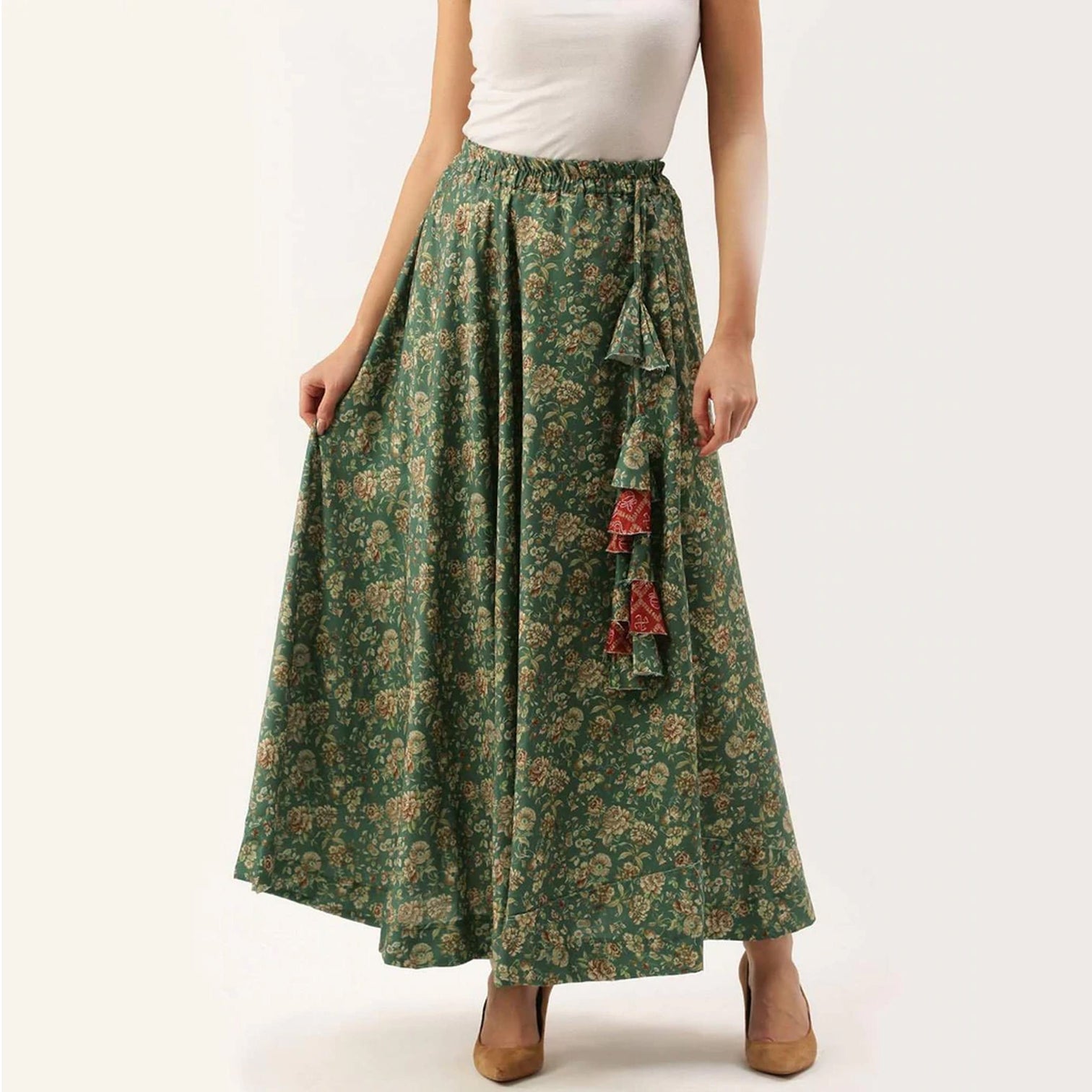 Green Color Digital Print Skirt