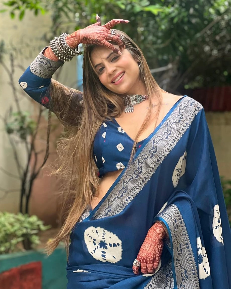 Navy Blue Tussar Silk Saree with White Floral Prints & Zari Border