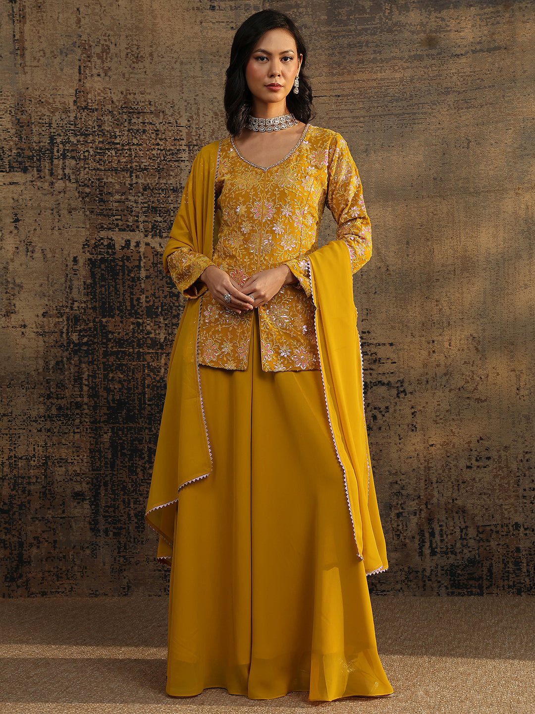 Mameraa Art Mustard Embroidered Georgette A-Line Suit Set With Dupatta