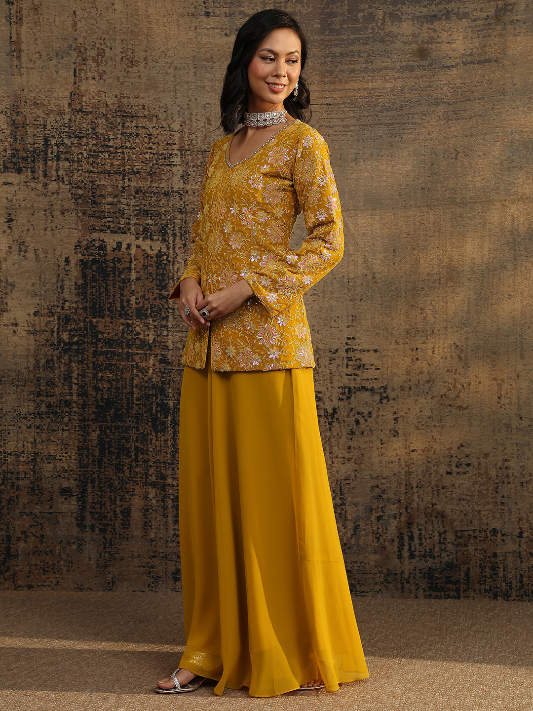 Mameraa Art Mustard Embroidered Georgette A-Line Suit Set With Dupatta