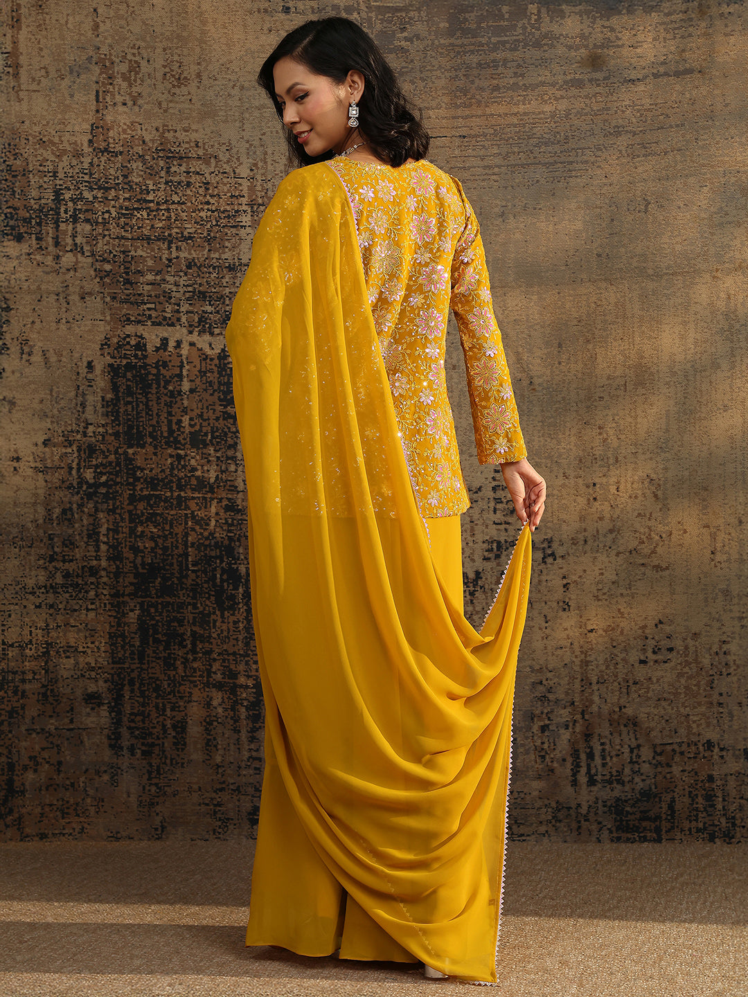 Mameraa Art Mustard Embroidered Georgette A-Line Suit Set With Dupatta