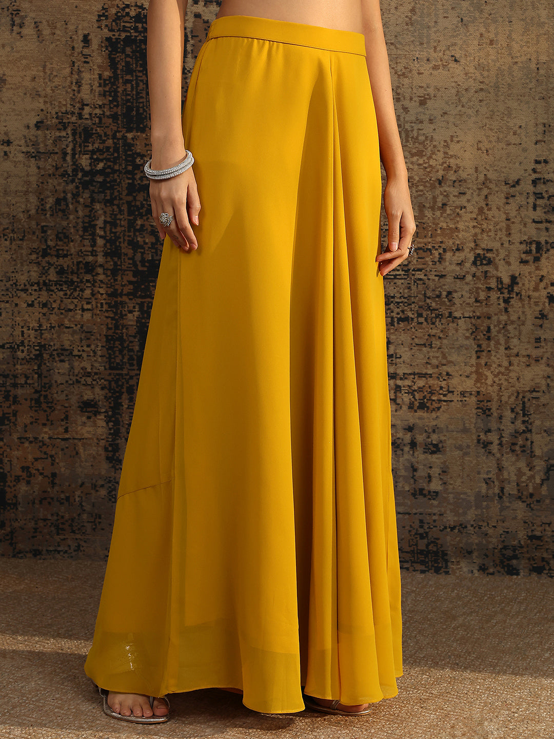Mameraa Art Mustard Embroidered Georgette A-Line Suit Set With Dupatta