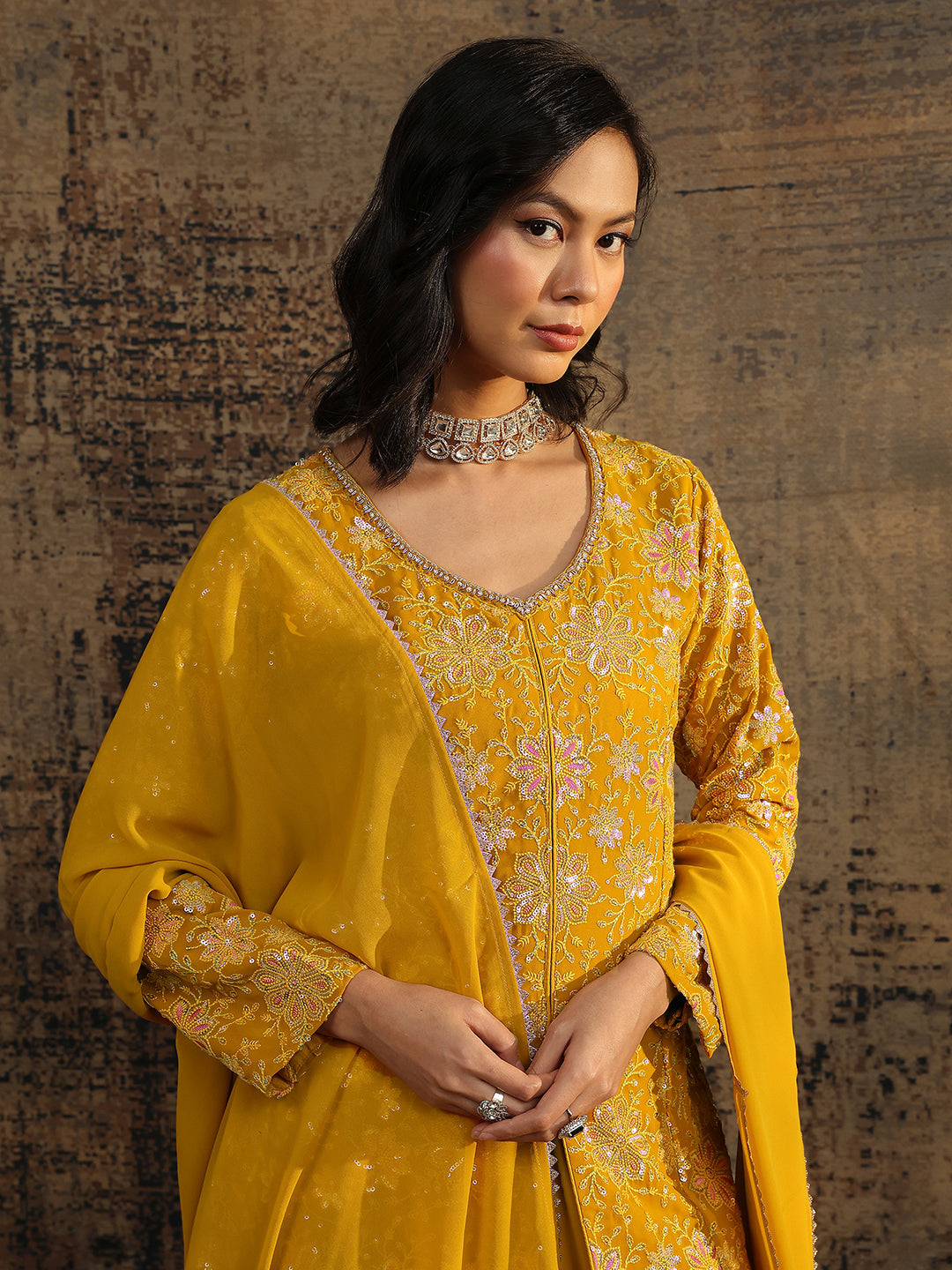 Mameraa Art Mustard Embroidered Georgette A-Line Suit Set With Dupatta