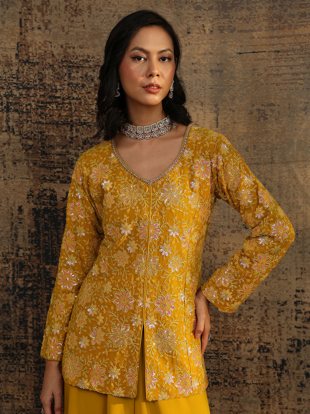 Mameraa Art Mustard Embroidered Georgette A-Line Suit Set With Dupatta