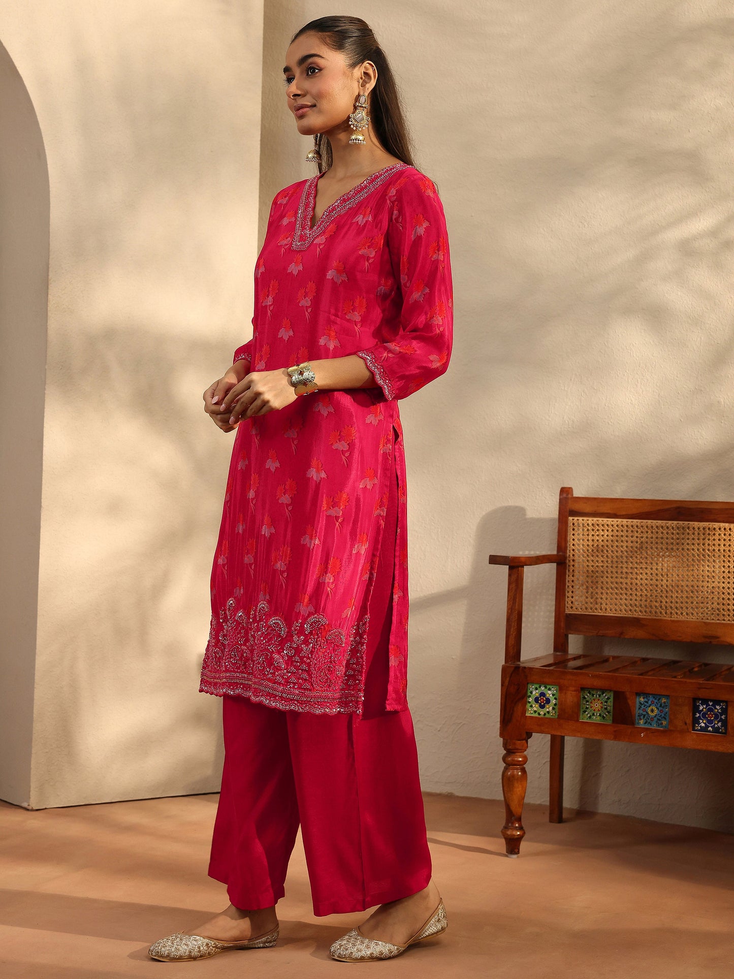 Libas Art Red Printed Crepe Straight Suit Set With Dupatta