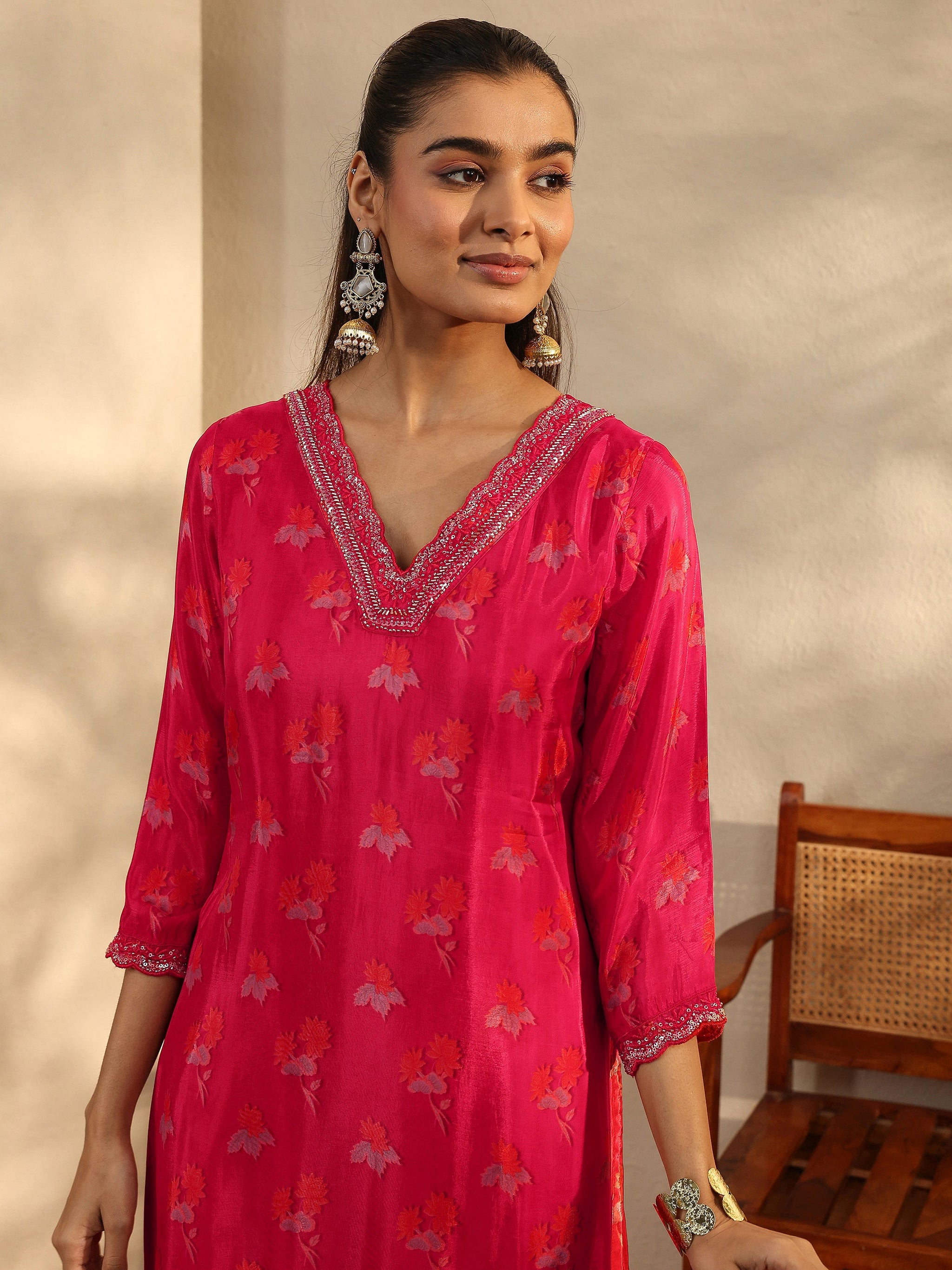 Libas Art Red Printed Crepe Straight Suit Set With Dupatta